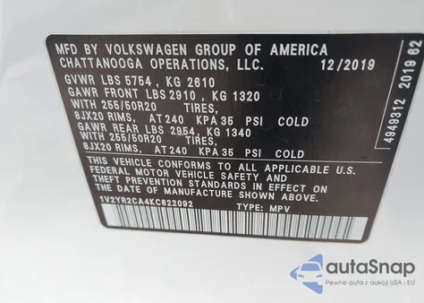 2019 Volkswagen Atlas 3.6L V6 Se W/Technology R-Line z USA, uszkodzony, nr VIN 1V2YR2CA4KC622092